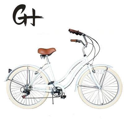 17kg 26&quot; Weiß Reifen Frauen Erwachsene 7 Geschwindigkeiten Shimano Lady City CE USA Hi-Ten Stahlrahmen CPSC Beach Cruiser Fahrrad
