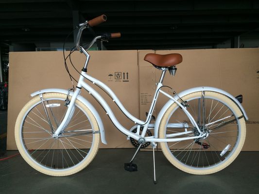 17kg 26&quot; Weiß Reifen Frauen Erwachsene 7 Geschwindigkeiten Shimano Lady City CE USA Hi-Ten Stahlrahmen CPSC Beach Cruiser Fahrrad