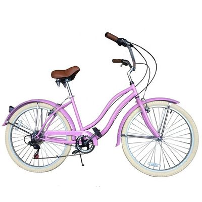 17kg 26&quot; Weiß Reifen Frauen Erwachsene 7 Geschwindigkeiten Shimano Lady City CE USA Hi-Ten Stahlrahmen CPSC Beach Cruiser Fahrrad