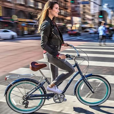 26&quot; 500W OEM Anpassung CE 48V 14AG Lithium Batterie 7 Geschwindigkeit PAS Schritt durch Frauen Lady Girl Beach Cruiser Elektrofahrrad