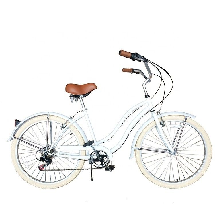 17kg 26&quot; Weiß Reifen Frauen Erwachsene 7 Geschwindigkeiten Shimano Lady City CE USA Hi-Ten Stahlrahmen CPSC Beach Cruiser Fahrrad